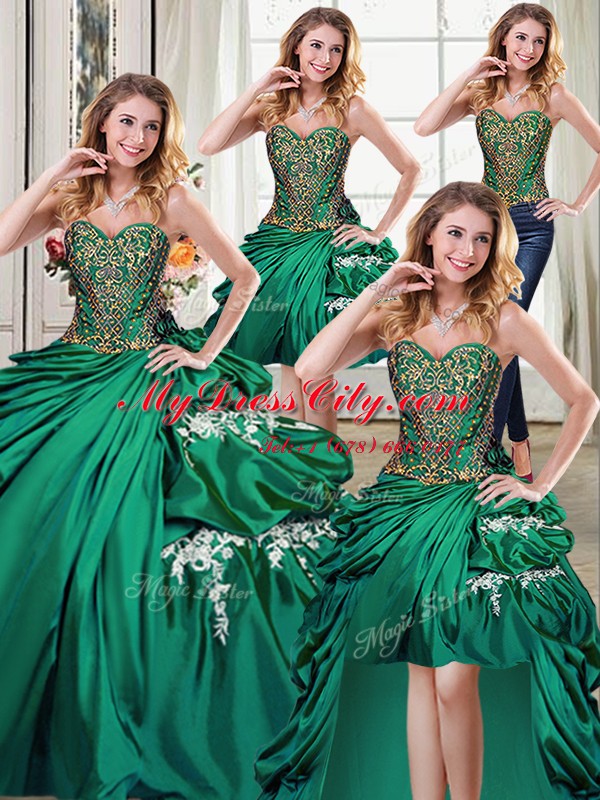 Luxury Four Piece Dark Green Sweetheart Lace Up Beading and Appliques and Pick Ups Sweet 16 Dress Sleeveless