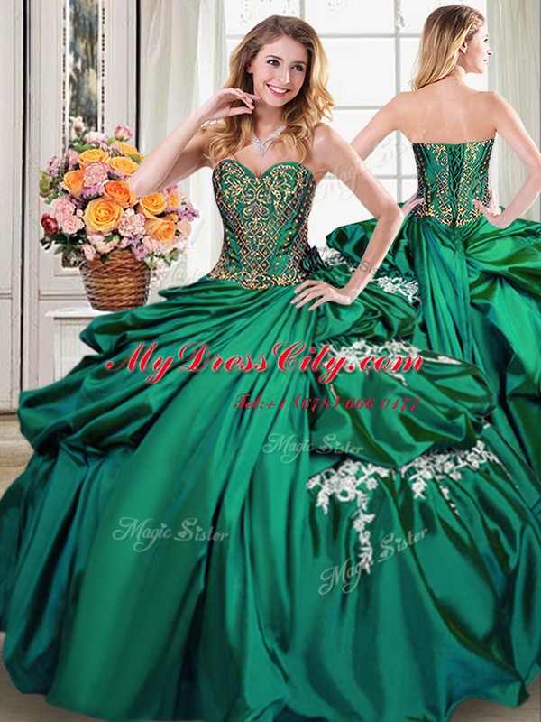 Luxury Four Piece Dark Green Sweetheart Lace Up Beading and Appliques and Pick Ups Sweet 16 Dress Sleeveless