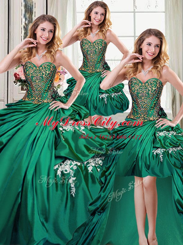 Luxury Four Piece Dark Green Sweetheart Lace Up Beading and Appliques and Pick Ups Sweet 16 Dress Sleeveless