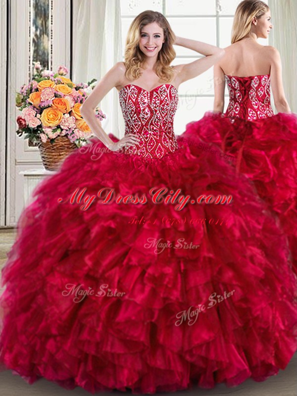 Romantic Red Lace Up Sweetheart Beading and Ruffles Sweet 16 Dresses Organza Sleeveless Brush Train