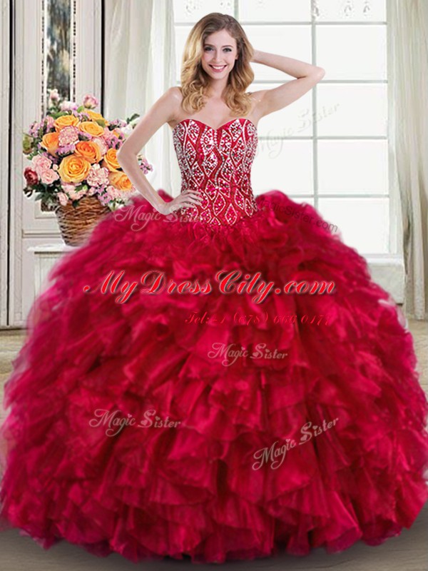 Romantic Red Lace Up Sweetheart Beading and Ruffles Sweet 16 Dresses Organza Sleeveless Brush Train