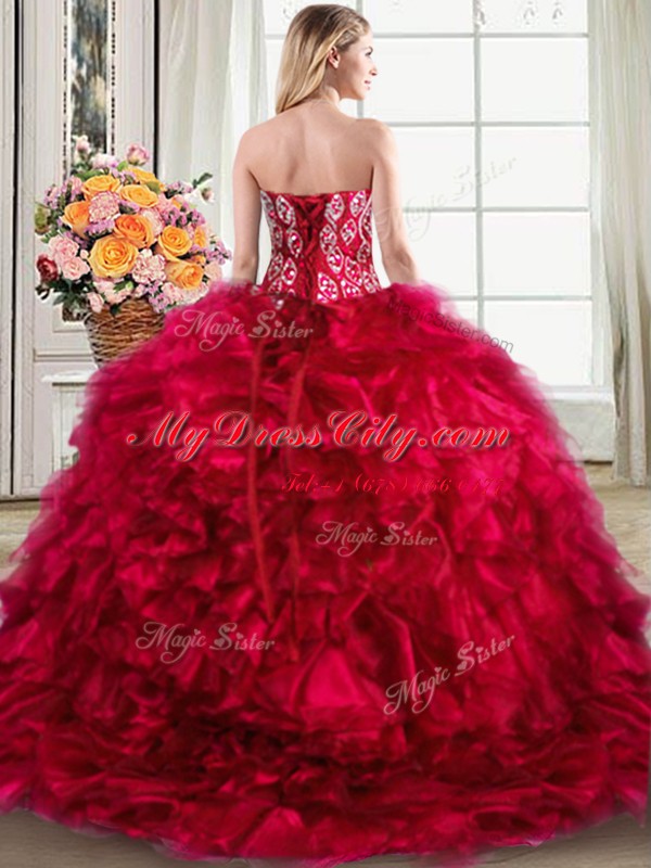 Romantic Red Lace Up Sweetheart Beading and Ruffles Sweet 16 Dresses Organza Sleeveless Brush Train