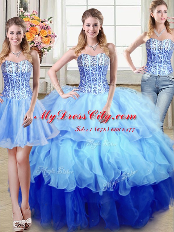 Unique Three Piece Floor Length Multi-color Sweet 16 Dress Organza Sleeveless Ruffles and Sequins