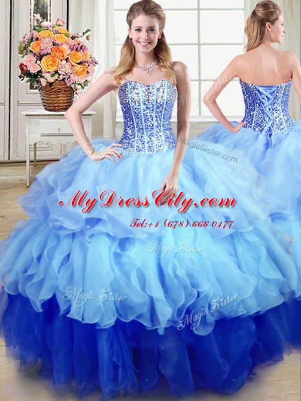 Unique Three Piece Floor Length Multi-color Sweet 16 Dress Organza Sleeveless Ruffles and Sequins