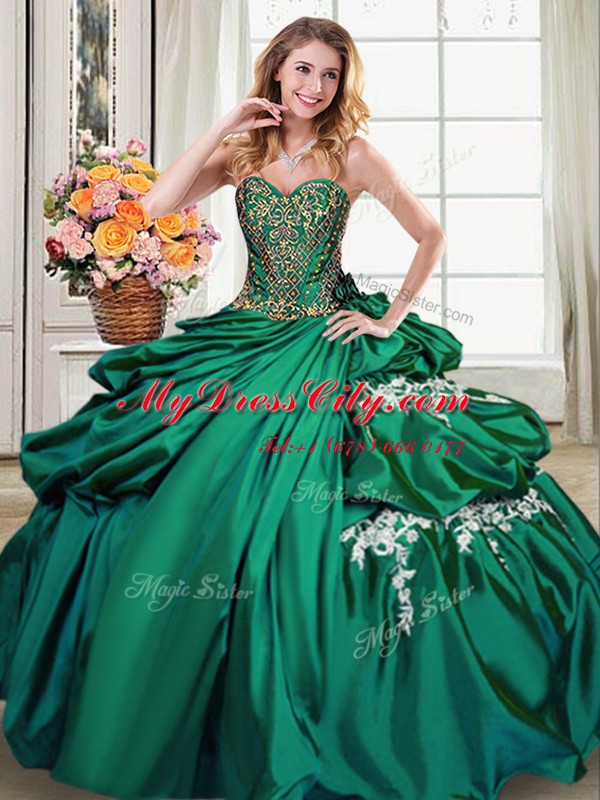 Suitable Dark Green Ball Gowns Taffeta Sweetheart Sleeveless Beading and Appliques and Pick Ups Floor Length Lace Up Sweet 16 Dresses