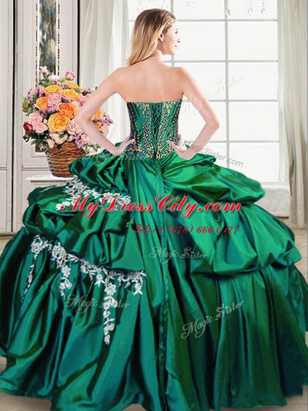 Suitable Dark Green Ball Gowns Taffeta Sweetheart Sleeveless Beading and Appliques and Pick Ups Floor Length Lace Up Sweet 16 Dresses