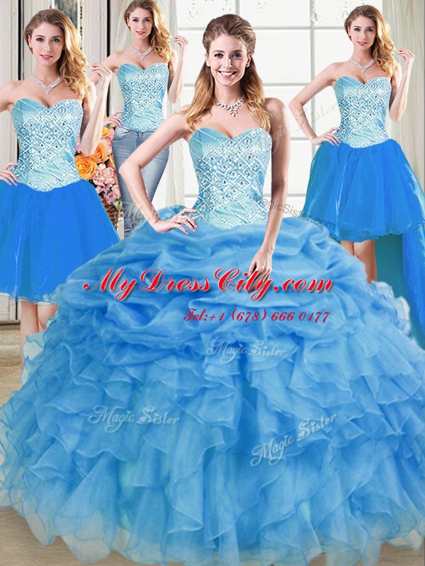 On Sale Four Piece Sleeveless Organza Floor Length Lace Up Quinceanera Dress in Blue with Beading and Ruffles and Pick Ups