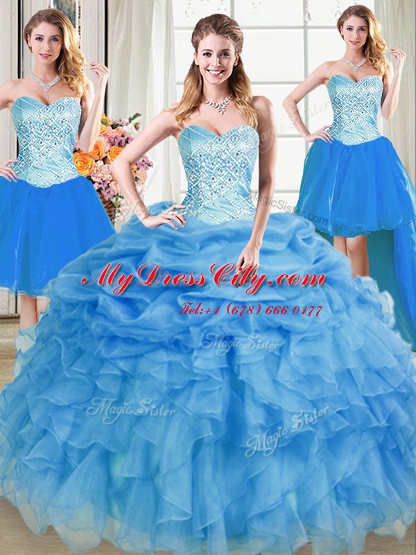 On Sale Four Piece Sleeveless Organza Floor Length Lace Up Quinceanera Dress in Blue with Beading and Ruffles and Pick Ups