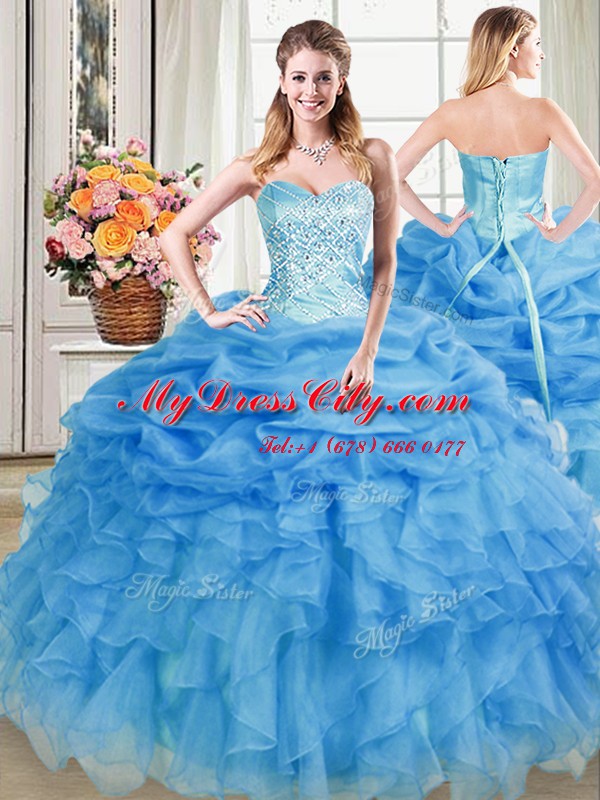 On Sale Four Piece Sleeveless Organza Floor Length Lace Up Quinceanera Dress in Blue with Beading and Ruffles and Pick Ups