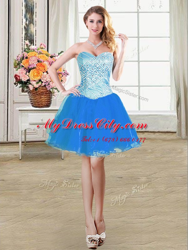 On Sale Four Piece Sleeveless Organza Floor Length Lace Up Quinceanera Dress in Blue with Beading and Ruffles and Pick Ups