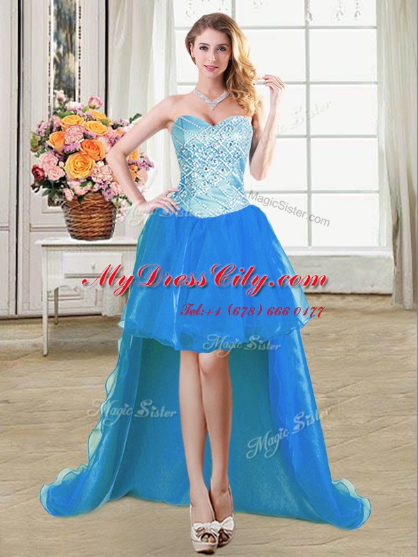 On Sale Four Piece Sleeveless Organza Floor Length Lace Up Quinceanera Dress in Blue with Beading and Ruffles and Pick Ups