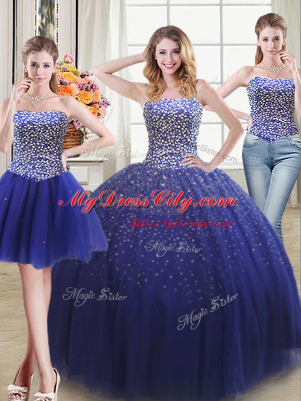 Unique Three Piece Sleeveless Lace Up Floor Length Beading Vestidos de Quinceanera