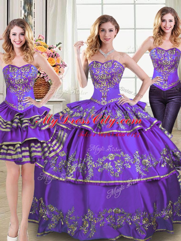 Custom Designed Three Piece Sweetheart Sleeveless Taffeta Sweet 16 Dress Embroidery and Ruffled Layers Lace Up