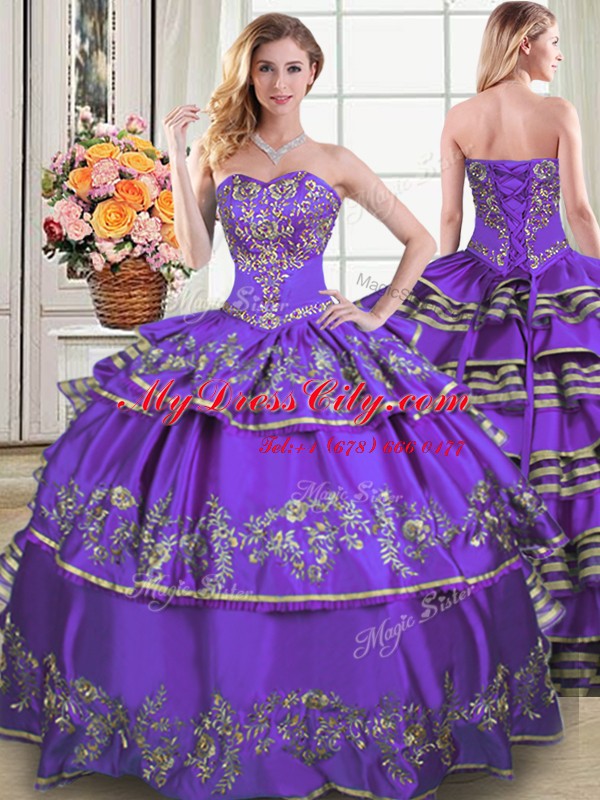 Custom Designed Three Piece Sweetheart Sleeveless Taffeta Sweet 16 Dress Embroidery and Ruffled Layers Lace Up