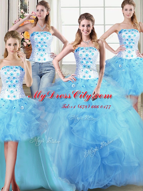 Lovely Four Piece Sleeveless Floor Length Beading and Appliques and Ruffles Lace Up Quinceanera Gown with Light Blue