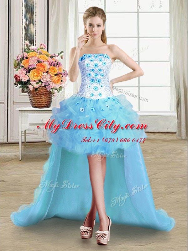 Lovely Four Piece Sleeveless Floor Length Beading and Appliques and Ruffles Lace Up Quinceanera Gown with Light Blue