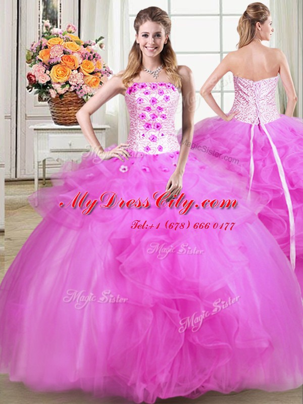 Custom Design Floor Length Lace Up Sweet 16 Dress Fuchsia for Military Ball and Sweet 16 and Quinceanera with Beading and Appliques and Embroidery