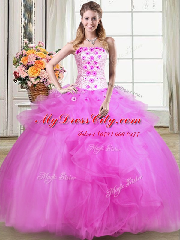 Custom Design Floor Length Lace Up Sweet 16 Dress Fuchsia for Military Ball and Sweet 16 and Quinceanera with Beading and Appliques and Embroidery