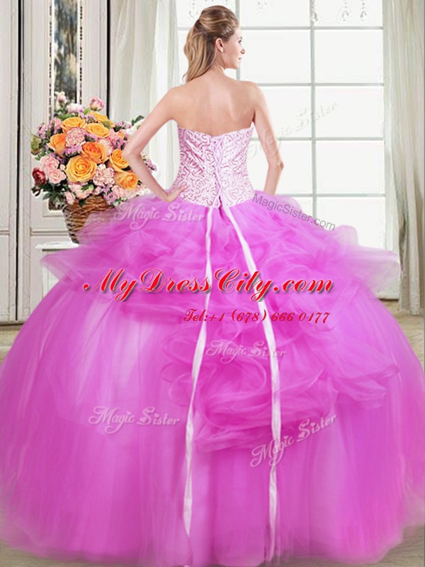 Custom Design Floor Length Lace Up Sweet 16 Dress Fuchsia for Military Ball and Sweet 16 and Quinceanera with Beading and Appliques and Embroidery