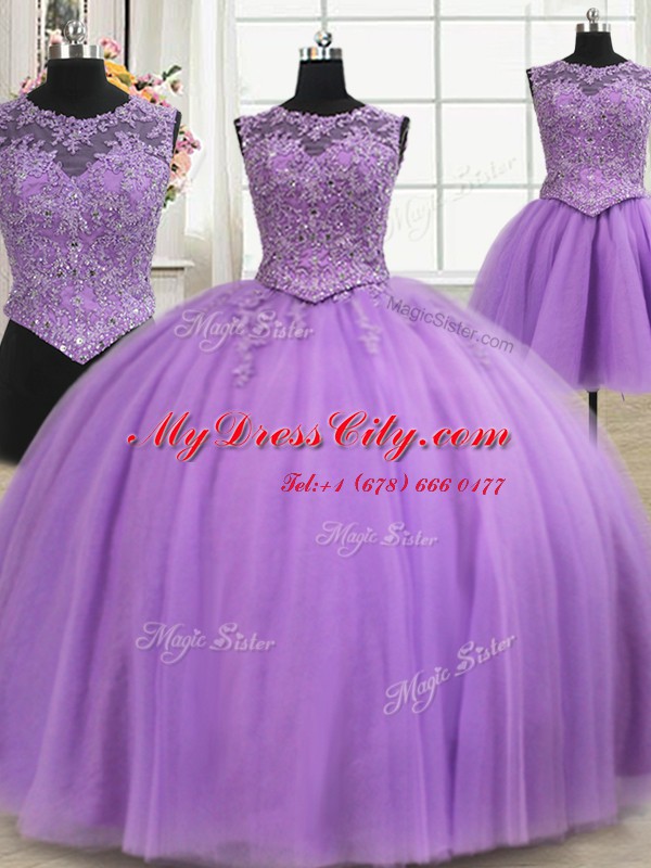 Custom Fit Three Piece Scoop Lilac Sleeveless Beading and Appliques Floor Length Quinceanera Gowns