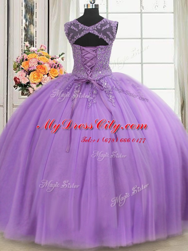 Custom Fit Three Piece Scoop Lilac Sleeveless Beading and Appliques Floor Length Quinceanera Gowns