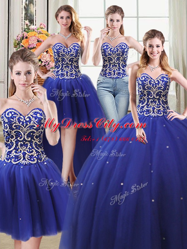 Captivating Four Piece Ball Gowns 15th Birthday Dress Royal Blue Sweetheart Tulle Sleeveless Floor Length Lace Up