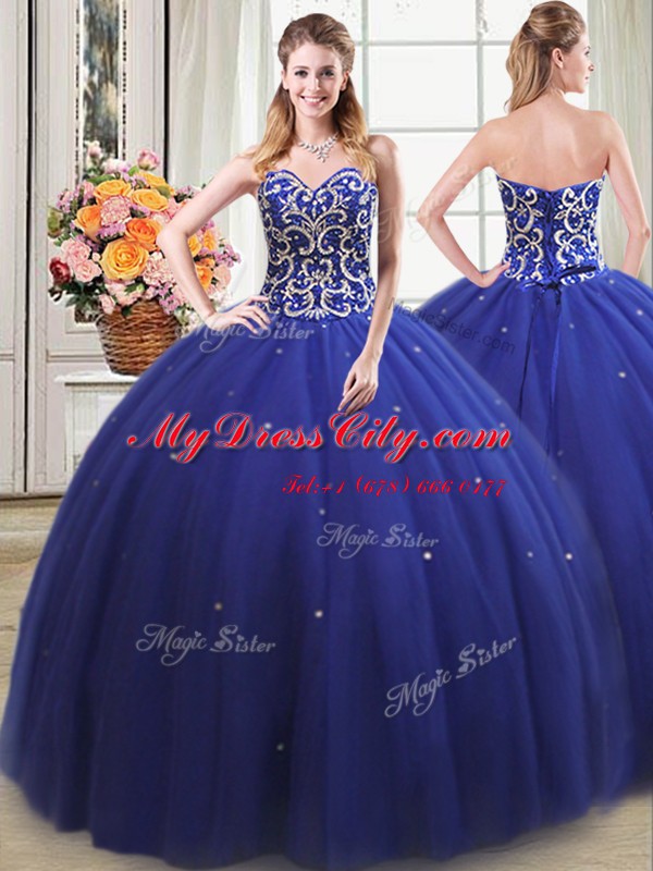 Captivating Four Piece Ball Gowns 15th Birthday Dress Royal Blue Sweetheart Tulle Sleeveless Floor Length Lace Up