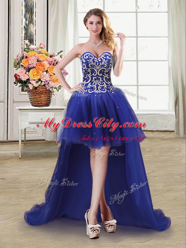 Captivating Four Piece Ball Gowns 15th Birthday Dress Royal Blue Sweetheart Tulle Sleeveless Floor Length Lace Up