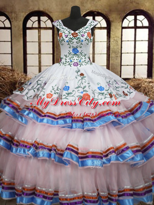 Ruffled Ball Gowns Quinceanera Dress White Straps Organza and Taffeta Sleeveless Floor Length Lace Up