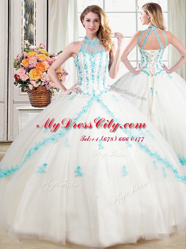 Clearance Halter Top White Sleeveless Floor Length Beading and Appliques Lace Up 15 Quinceanera Dress