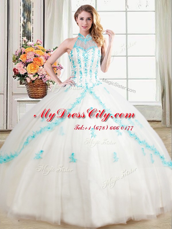 Clearance Halter Top White Sleeveless Floor Length Beading and Appliques Lace Up 15 Quinceanera Dress