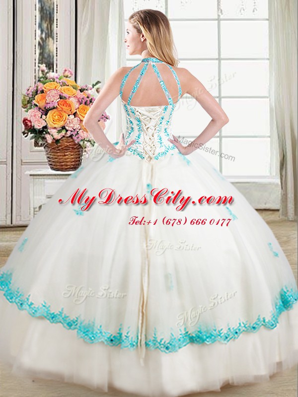 Clearance Halter Top White Sleeveless Floor Length Beading and Appliques Lace Up 15 Quinceanera Dress