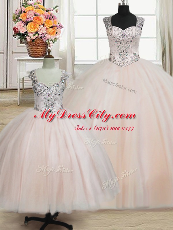 Straps Tulle Sleeveless Floor Length Quinceanera Gown and Beading