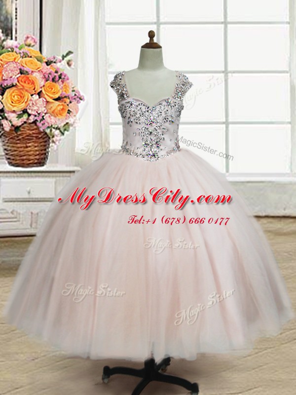 Straps Tulle Sleeveless Floor Length Quinceanera Gown and Beading