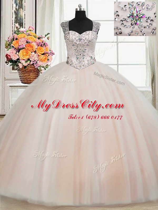 Straps Tulle Sleeveless Floor Length Quinceanera Gown and Beading