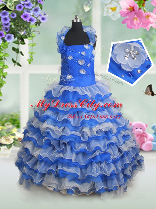 Inexpensive Blue And White Organza Lace Up Halter Top Sleeveless Floor Length Pageant Gowns For Girls Beading and Appliques and Ruffled Layers