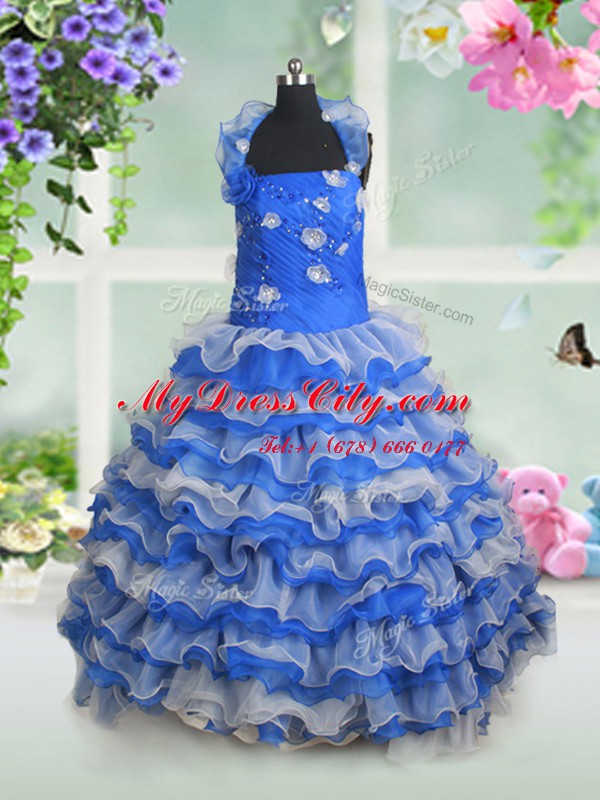 Inexpensive Blue And White Organza Lace Up Halter Top Sleeveless Floor Length Pageant Gowns For Girls Beading and Appliques and Ruffled Layers