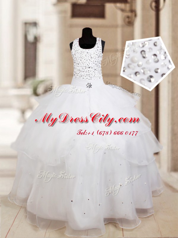 Cute Halter Top Sleeveless Organza Floor Length Lace Up Flower Girl Dresses for Less in White with Beading and Ruffled Layers