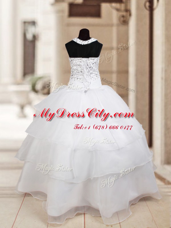 Cute Halter Top Sleeveless Organza Floor Length Lace Up Flower Girl Dresses for Less in White with Beading and Ruffled Layers