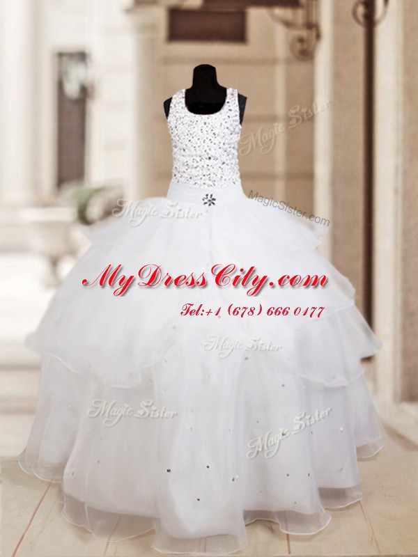 Cute Halter Top Sleeveless Organza Floor Length Lace Up Flower Girl Dresses for Less in White with Beading and Ruffled Layers