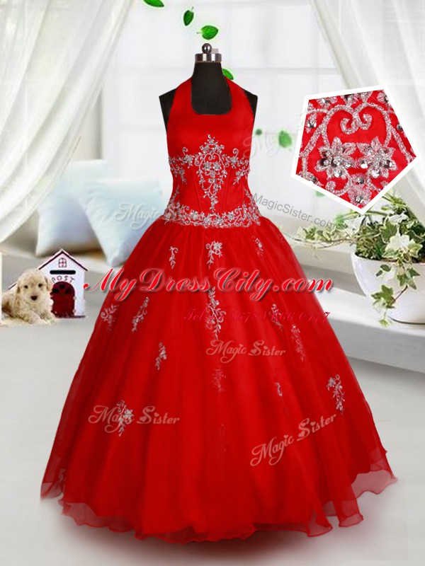 Halter Top Red Organza Lace Up Evening Gowns Sleeveless Floor Length Beading and Appliques