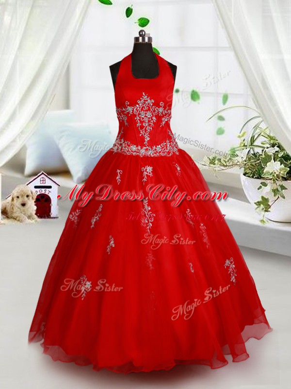 Halter Top Red Organza Lace Up Evening Gowns Sleeveless Floor Length Beading and Appliques