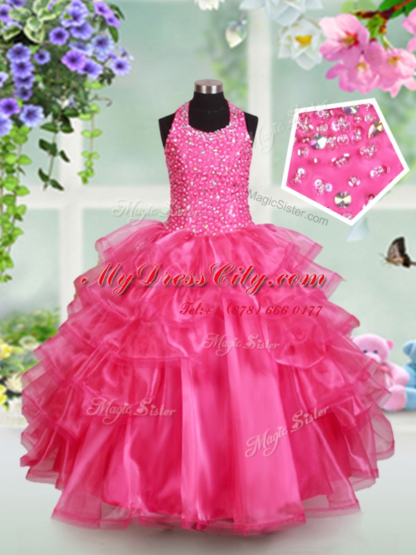 Halter Top Sleeveless Organza Party Dresses Beading and Ruffled Layers Lace Up