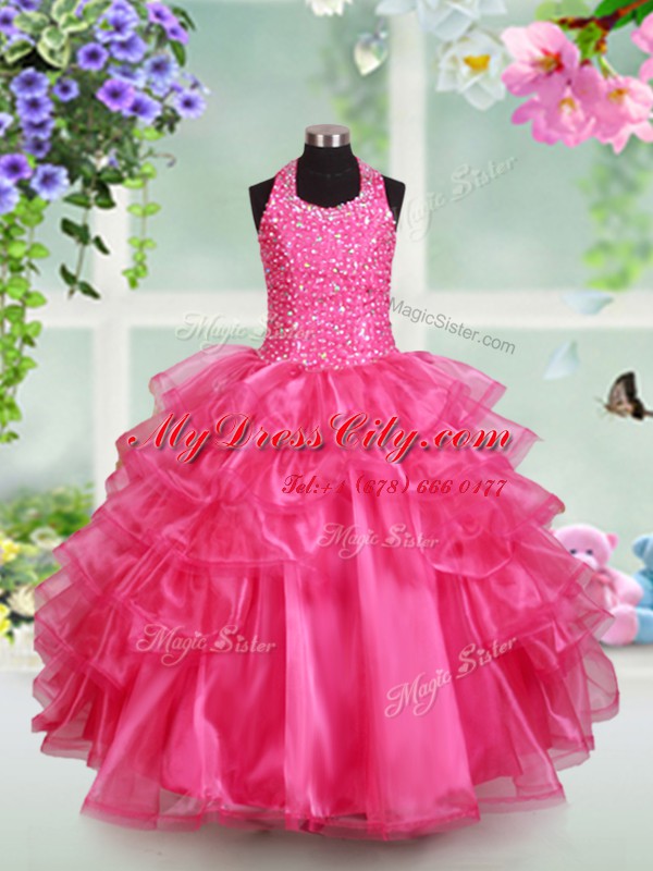 Halter Top Sleeveless Organza Party Dresses Beading and Ruffled Layers Lace Up