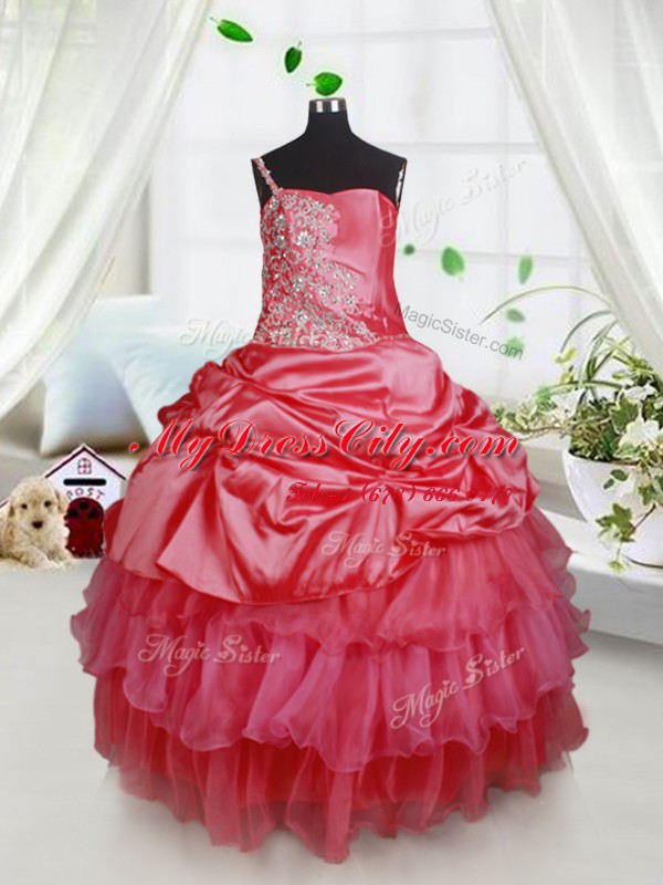 Red Ball Gowns Organza and Taffeta Spaghetti Straps Sleeveless Beading and Ruffled Layers Floor Length Lace Up Custom Made