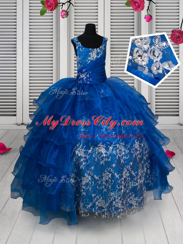 Scoop Royal Blue Organza and Lace Lace Up Kids Formal Wear Sleeveless Floor Length Beading and Lace and Ruffled Layers