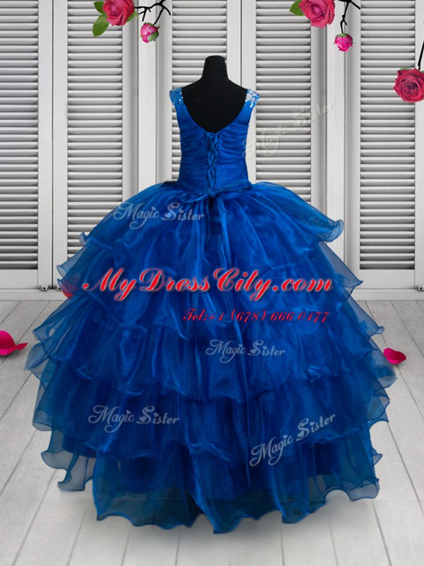 Scoop Royal Blue Organza and Lace Lace Up Kids Formal Wear Sleeveless Floor Length Beading and Lace and Ruffled Layers