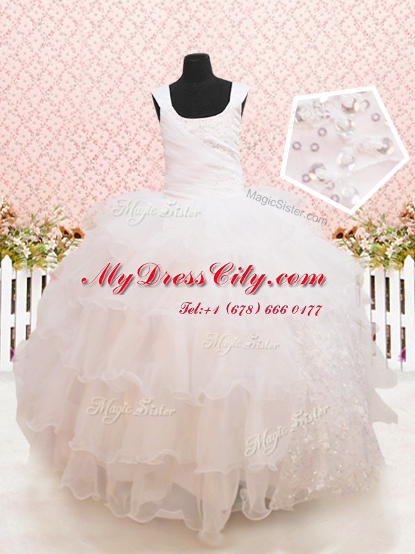 Scoop Floor Length Lace Up Flower Girl Dress White for Quinceanera and Wedding Party with Beading and Ruffled Layers and Sequins