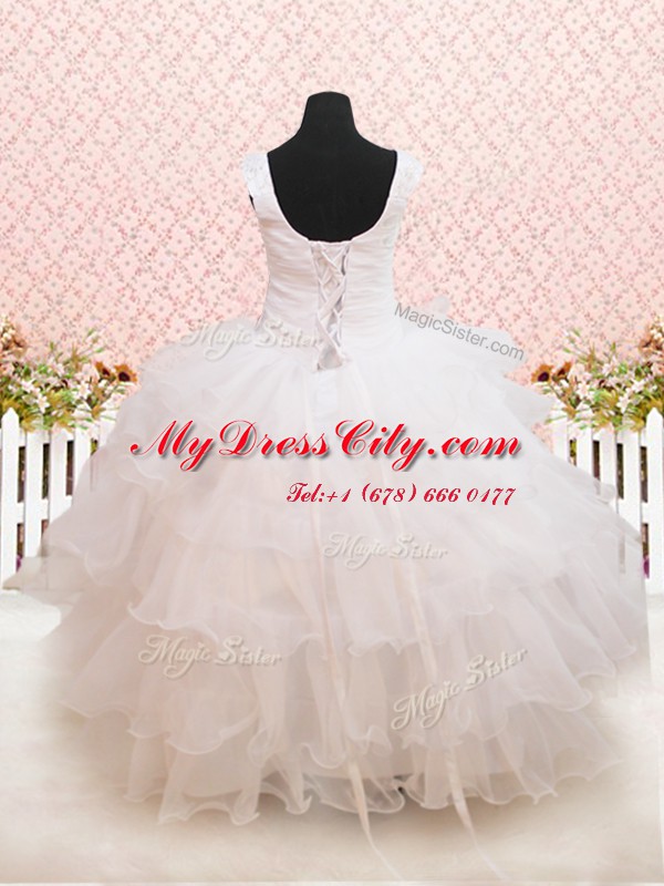 Scoop Floor Length Lace Up Flower Girl Dress White for Quinceanera and Wedding Party with Beading and Ruffled Layers and Sequins