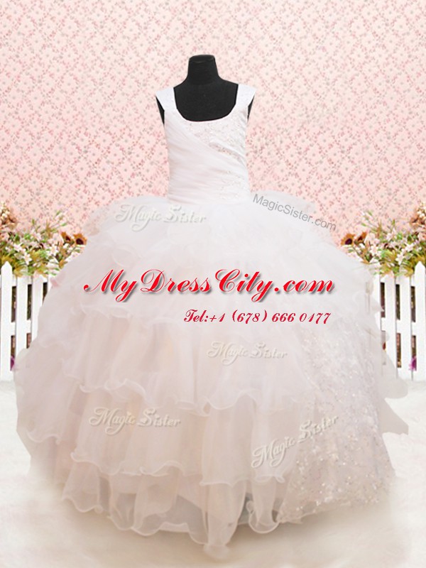 Scoop Floor Length Lace Up Flower Girl Dress White for Quinceanera and Wedding Party with Beading and Ruffled Layers and Sequins